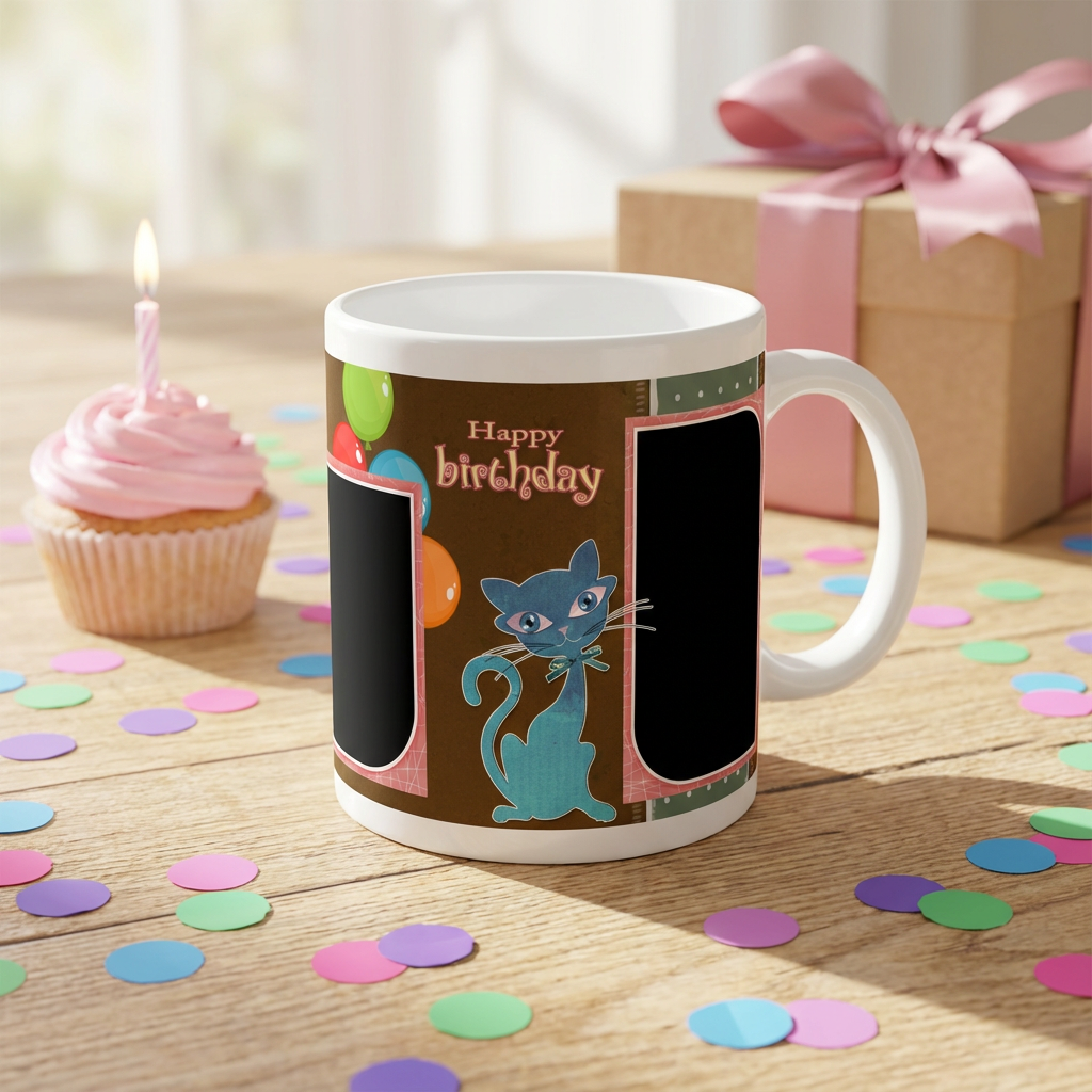 Whimsical Party Cat – Custom Photo Print Ceramic Mug (11oz) - Dual Picture Collage