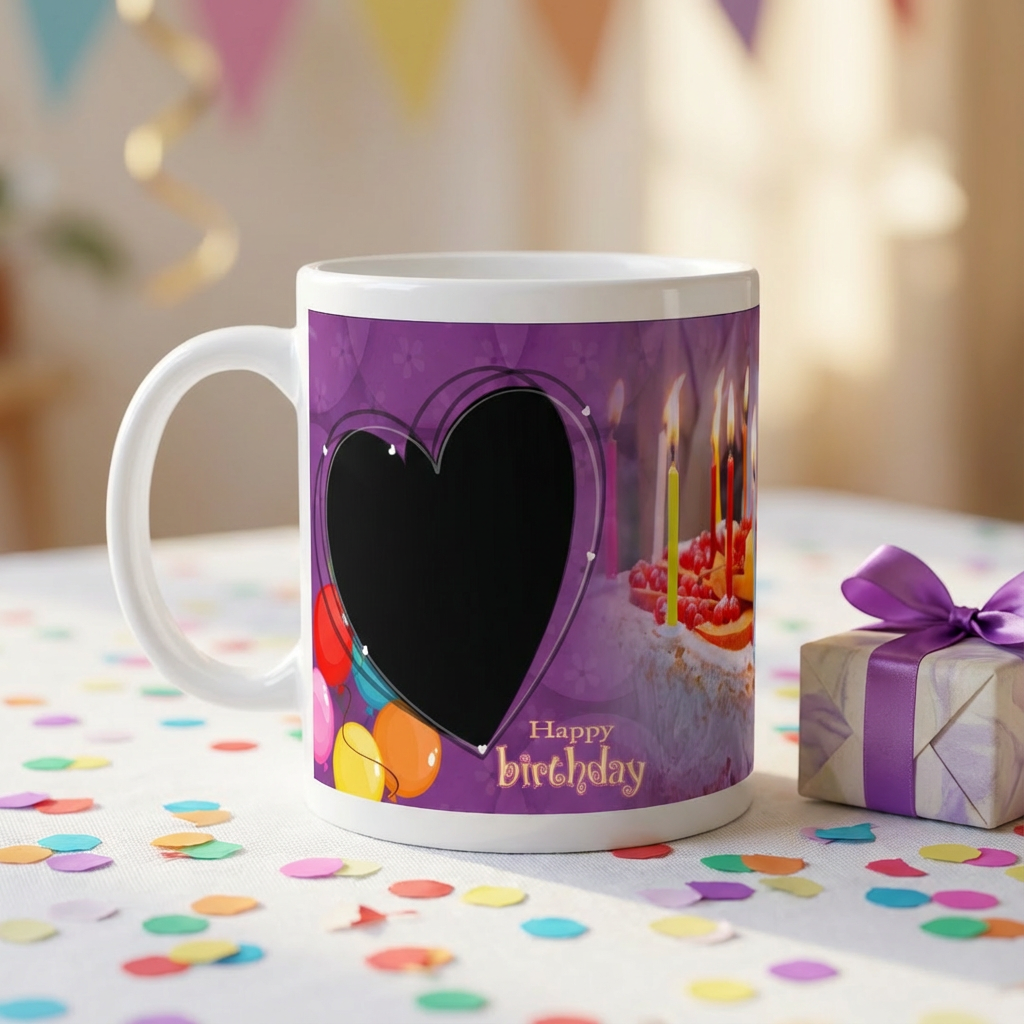Candlelit Cake & Balloons Heart Frame – Custom Photo Print Ceramic Mug (11oz) - Personalized Gift