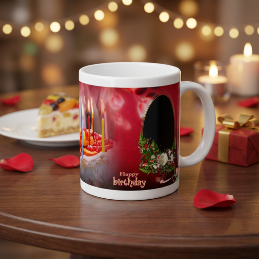 Crimson Cake Celebration – Custom Photo Print Ceramic Mug (11oz) - Personalized Birthday Gift