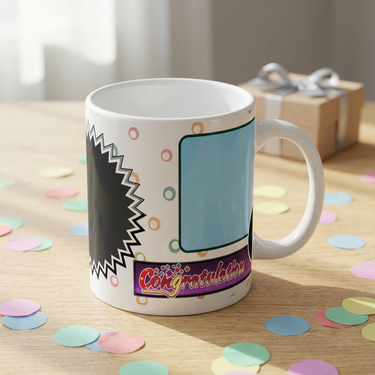 Comic Pop Celebration – Custom Photo Print Ceramic Mug (11oz) - Personalized Gift & 3-Photo Layout