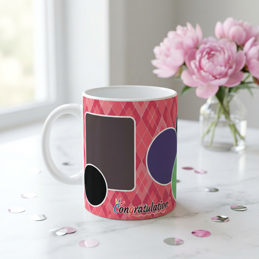 Pink Argyle Celebration – Custom Photo Print Ceramic Mug (11oz) - Personalized Gift 5-Photo Collage