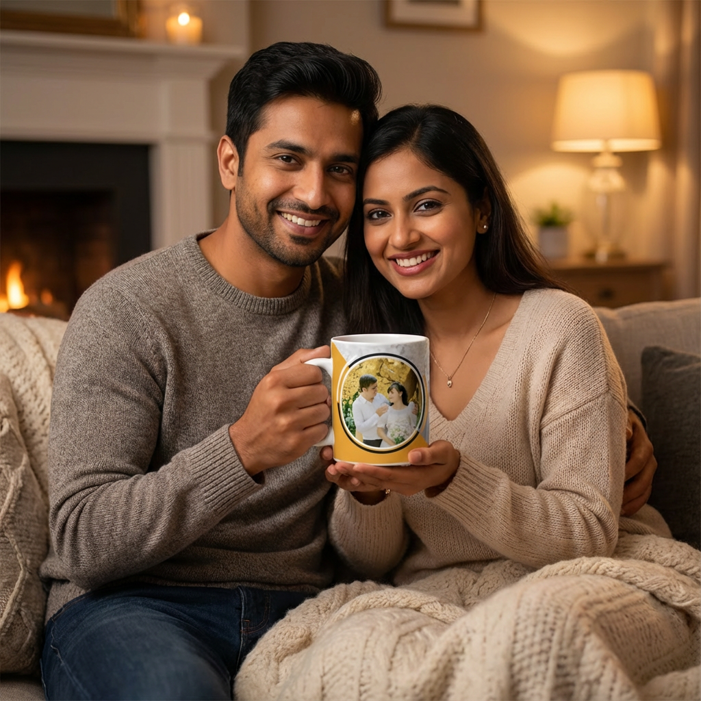 Golden Geometric Love – Custom Photo Print Ceramic Mug (11oz) - Personalized Gift