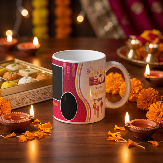 Festive Pink Lanterns Diwali – Custom Photo Print Ceramic Mug (11oz) - Personalized Gift 2 Photos