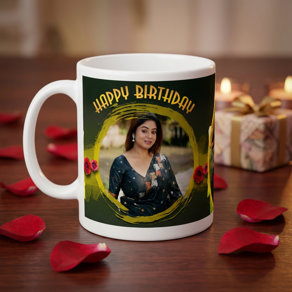 Golden Brushstrokes & Roses – Custom Photo Print Ceramic Mug (11oz) - Personalized 3-Photo Birthday Gift