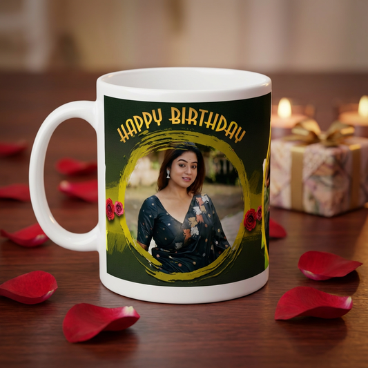 Golden Brushstrokes & Roses – Custom Photo Print Ceramic Mug (11oz) - Personalized 3-Photo Birthday Gift