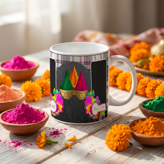Vibrant Gulal & Plaid – Custom Photo Print Ceramic Mug (11oz) - Dual Picture Layout