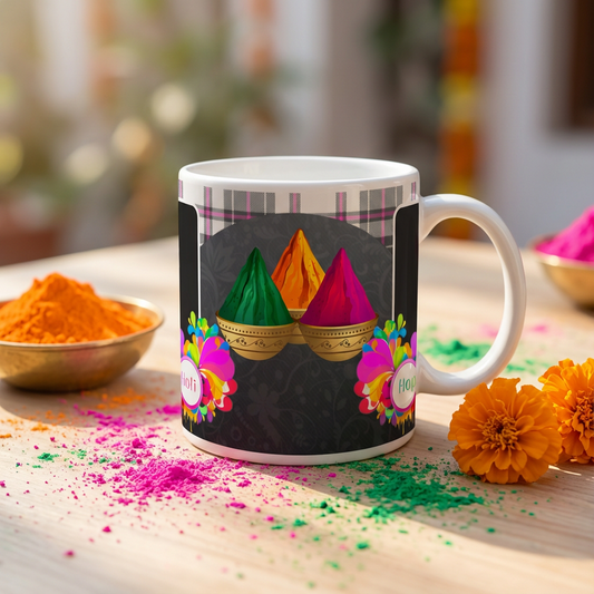Vibrant Gulal & Plaid – Custom Photo Print Ceramic Mug (11oz) - Dual Photo Frames