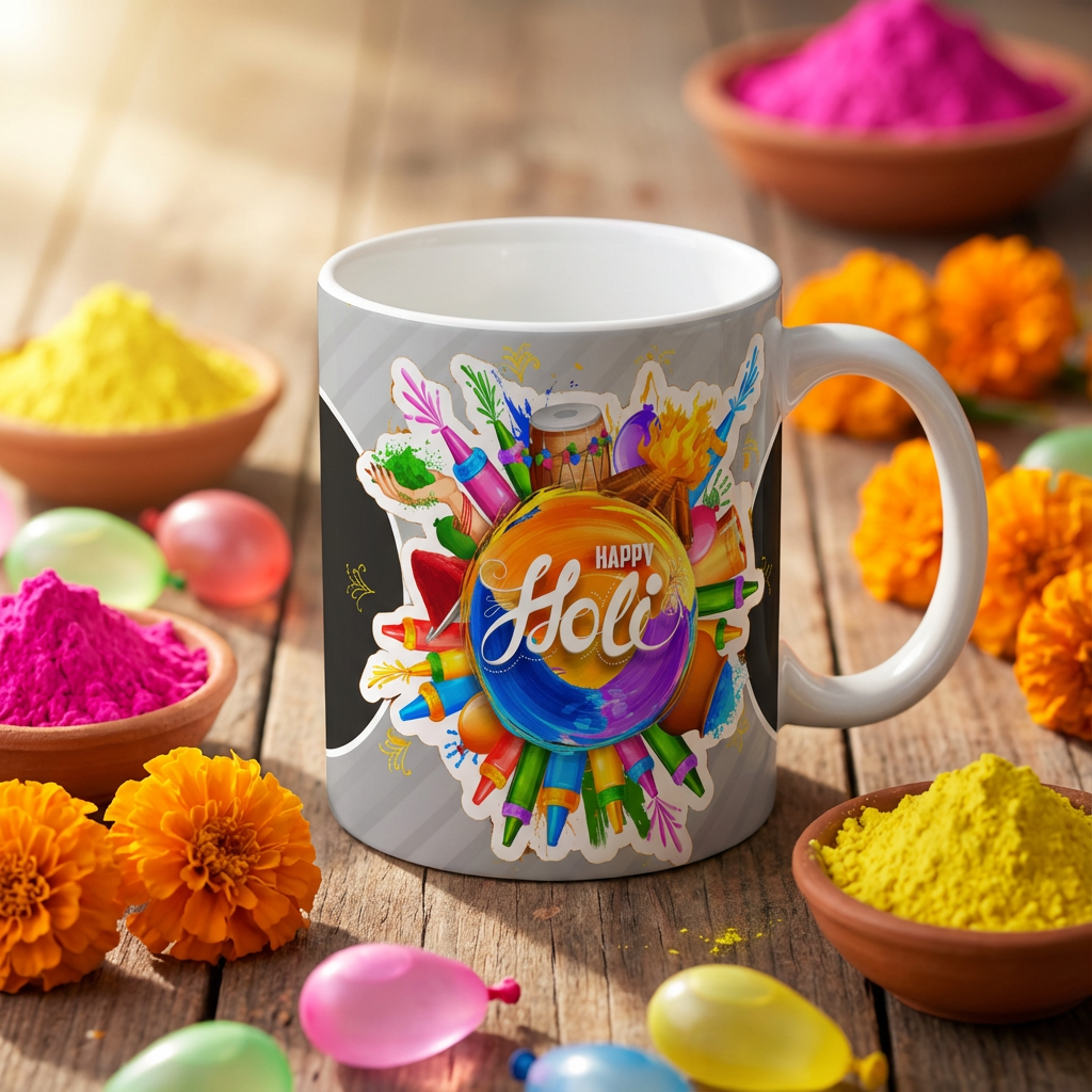 Vibrant Holi Celebration – Custom Photo Print Ceramic Mug (11oz) - Personalized Gift with 2 Photo Slots