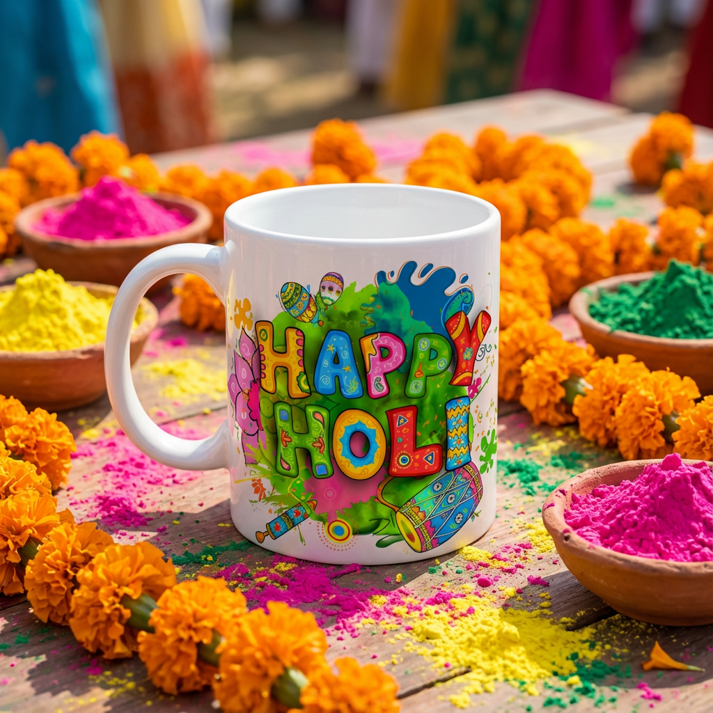 Vibrant Holi Celebration – Custom Photo Print Ceramic Mug (11oz) - Personalized Gift