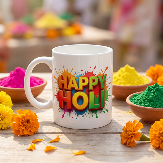 Vibrant Happy Holi Splashes – Custom Photo Print Ceramic Mug (11oz) - Personalized 2-Photo Design