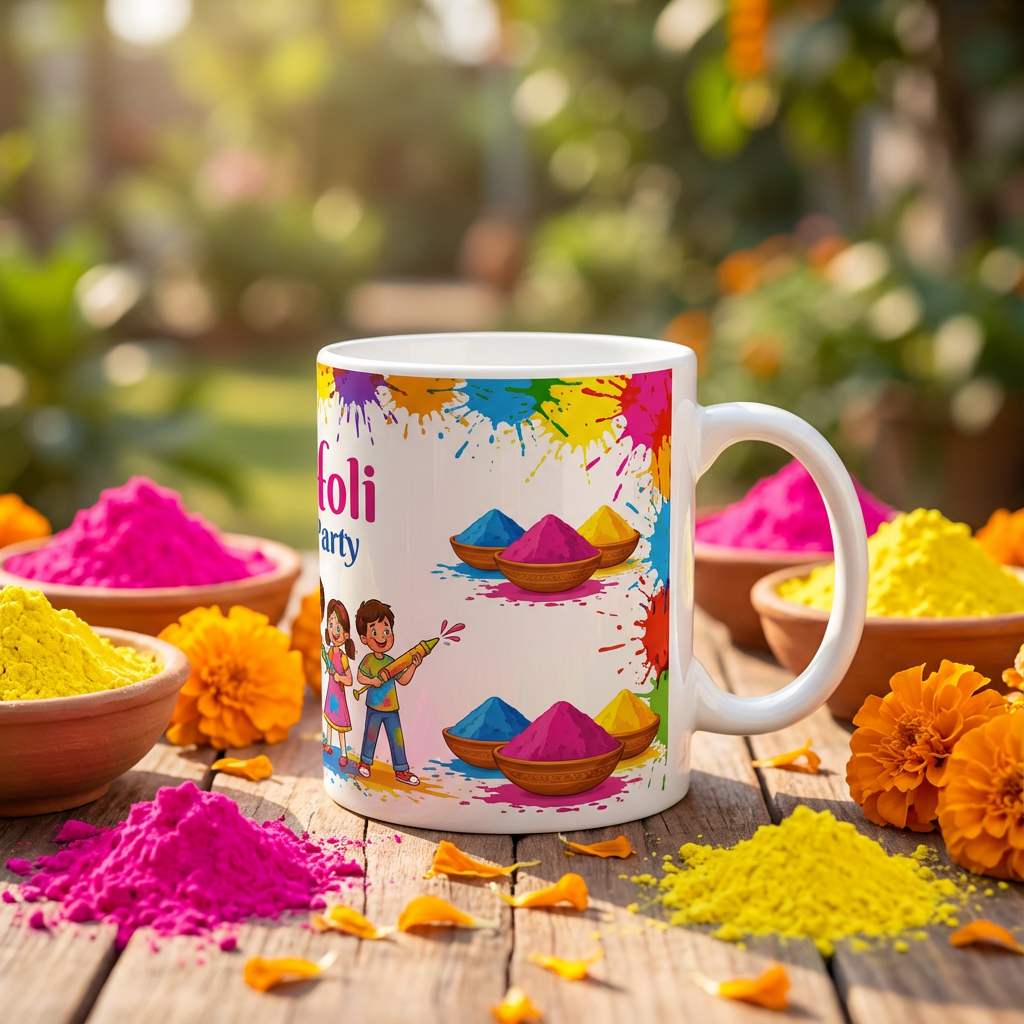 Vibrant Holi Splash & Gulal – Custom Photo Print Ceramic Mug (11oz) - Personalized Gift 2 Photo Slots