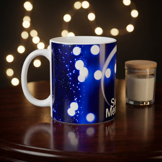 Sweet Memories Blue Bokeh – Custom Photo Print Ceramic Mug (11oz) - Personalized Gift for Cherished Moments