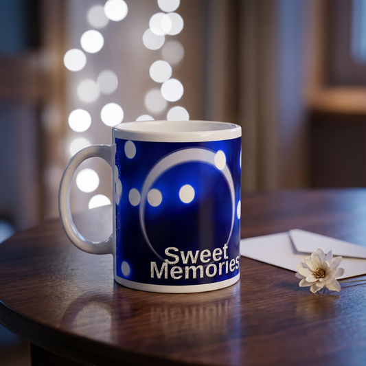 Sweet Memories Blue Bokeh – Custom Photo Print Ceramic Mug (11oz) - Personalized Gift