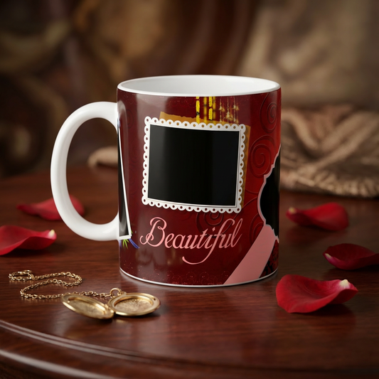 Crimson Damask Memories – Custom Photo Print Ceramic Mug (11oz) - 3 Photo Collage