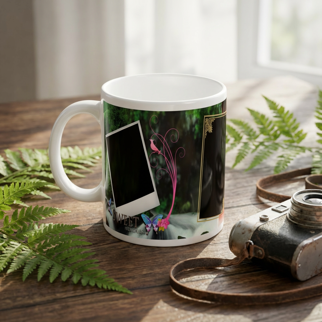 Nature Waterfall Sweet Memories – Custom Photo Print Ceramic Mug (11oz) - Dual Photo Slots