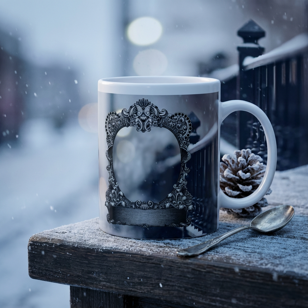 Vintage Winter Frame – Custom Photo Print Ceramic Mug (11oz) - Ornate Baroque Design