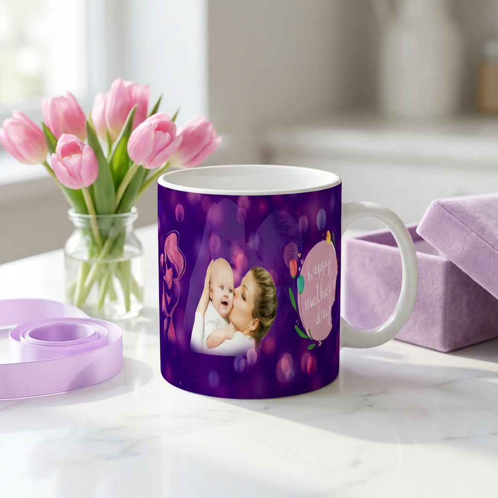 Purple Bokeh Love – Custom Photo Print Ceramic Mug (11oz) - Personalized Gift for Mother's Day