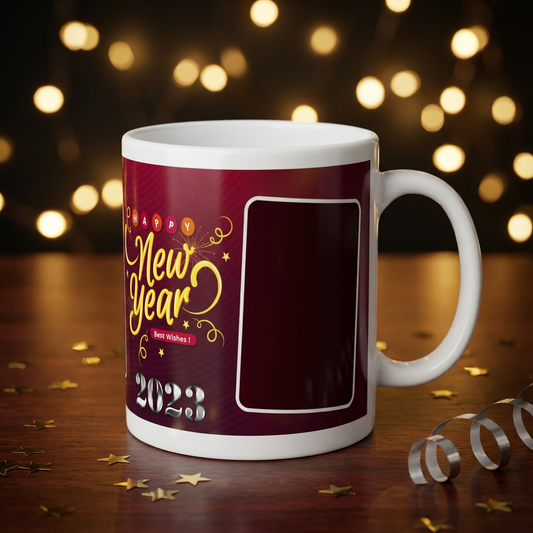 Golden Wishes 2023 New Year – Custom Photo Print Ceramic Mug (11oz) - Dual Picture Layout
