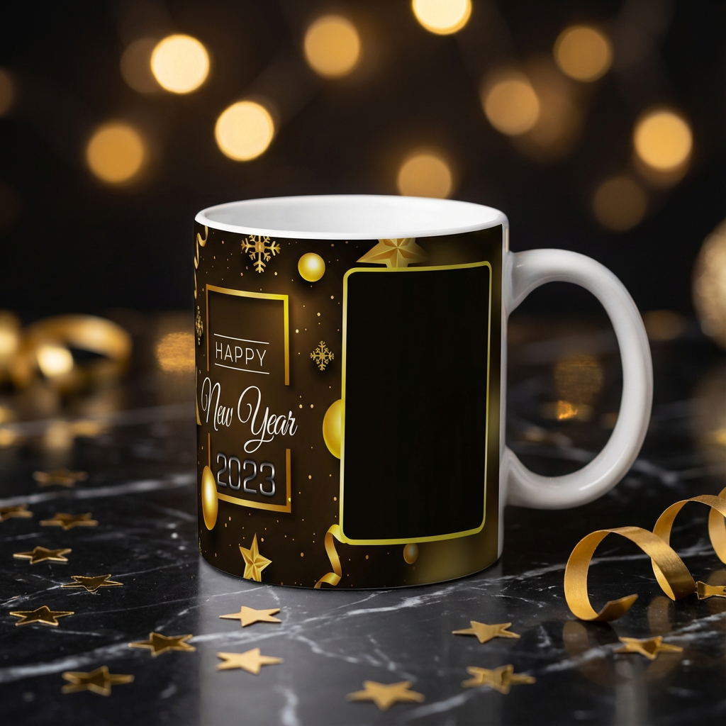 Golden New Year Sparkle – Custom Photo Print Ceramic Mug (11oz) - Personalized Gift