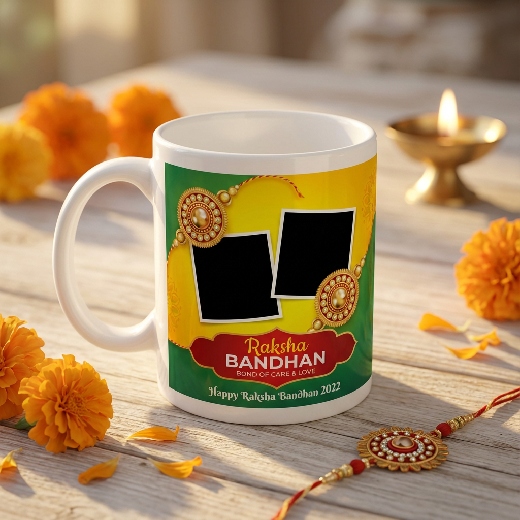 Golden Rakhi Bond – Custom Photo Print Ceramic Mug (11oz) - Personalized Gift for Siblings