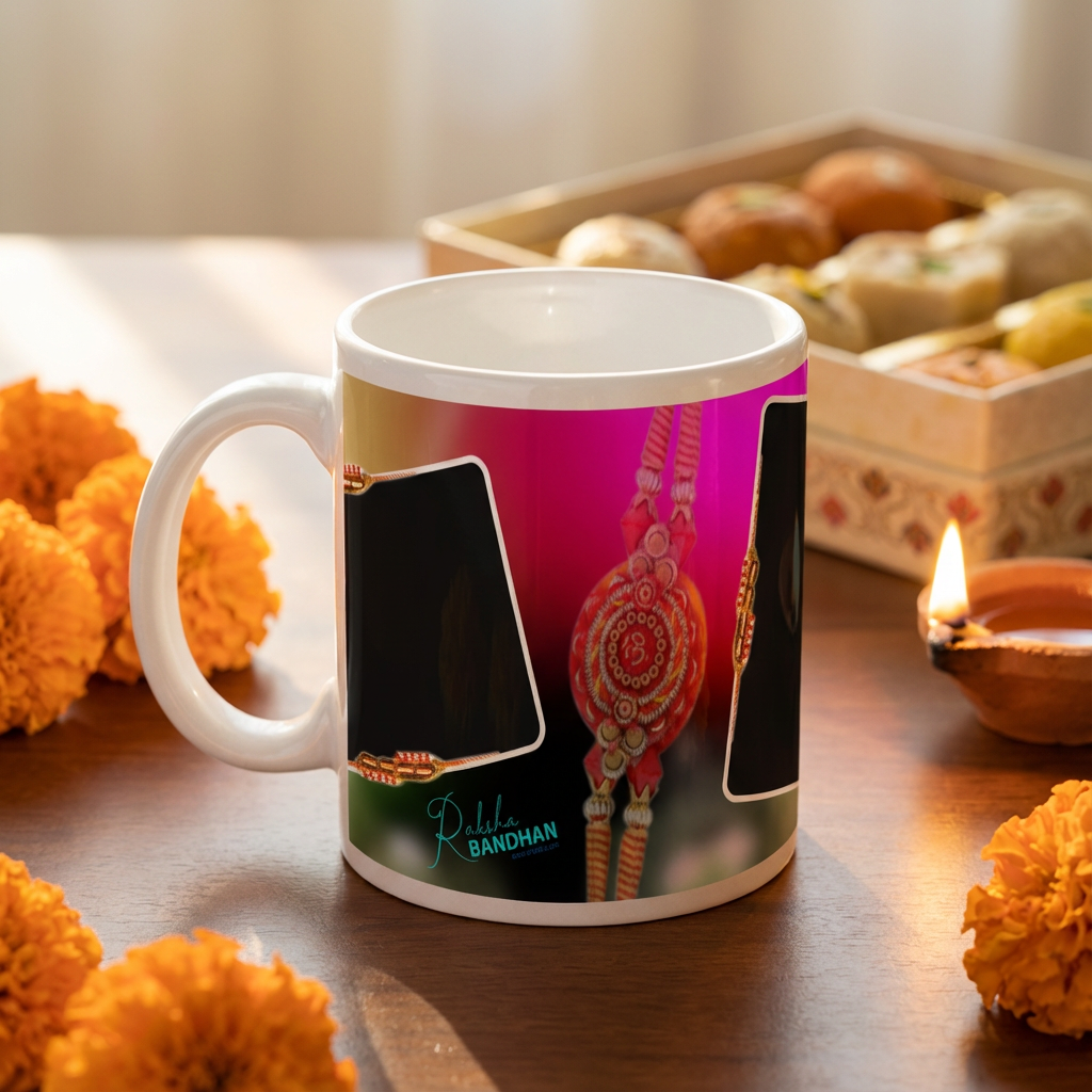 Vibrant Rakhi Bond – Custom Photo Print Ceramic Mug (11oz) - Personalized Gift 2 Photos