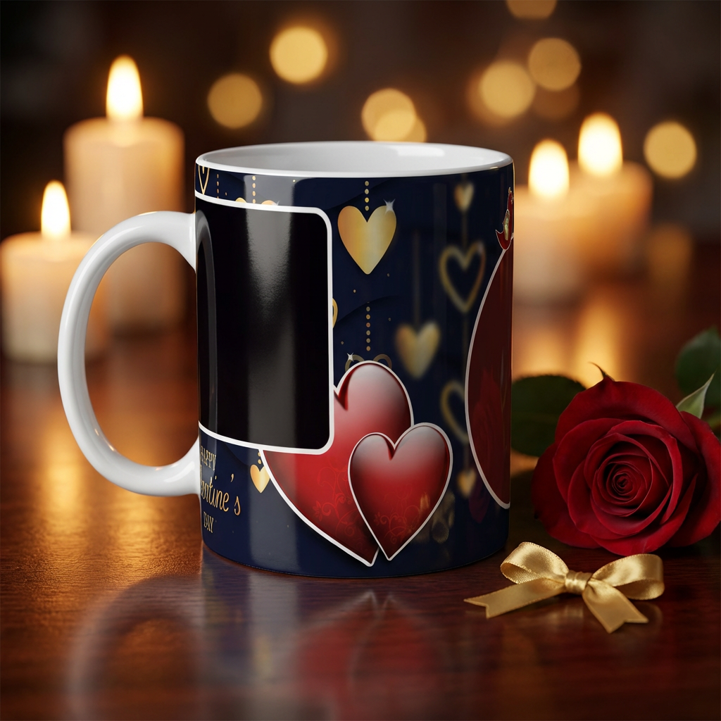 Midnight Lovebirds & Hearts – Custom Photo Print Ceramic Mug (11oz) - Personalized Gift with Dual Photo Frames