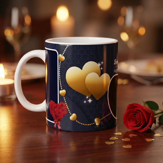 Golden Hearts & Roses – Custom Photo Print Ceramic Mug (11oz) - Personalized Gift with Dual Frames