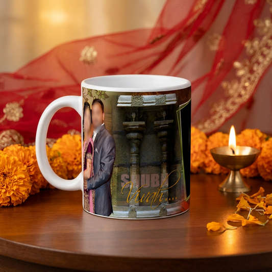 Shubh Vivah Royal Temple – Custom Photo Print Ceramic Mug (11oz) - Personalized Indian Wedding Gift