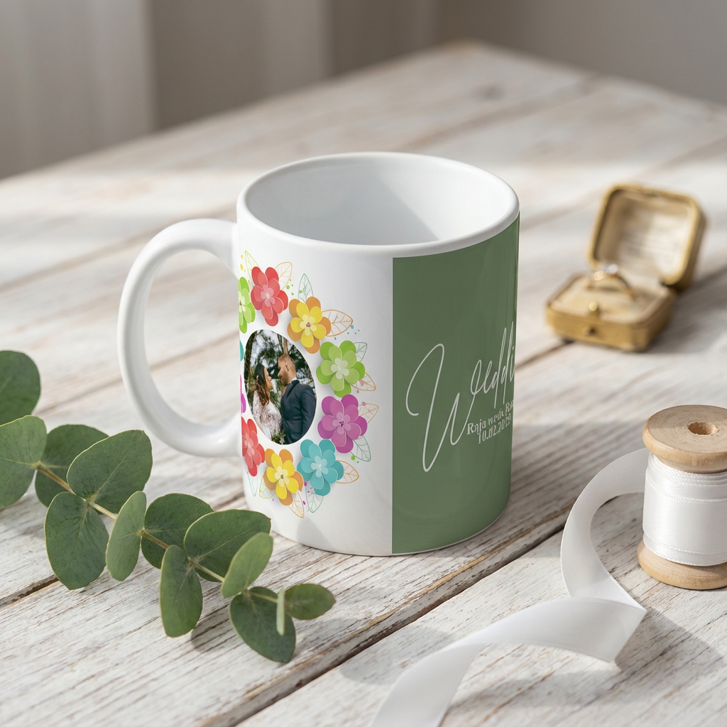 Pastel Floral Wreath Wedding – Custom Photo Print Ceramic Mug (11oz) - Personalized Gift