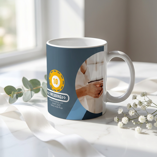 Modern Wedding Badge – Custom Photo Print Ceramic Mug (11oz) - Personalized Gift for Couples