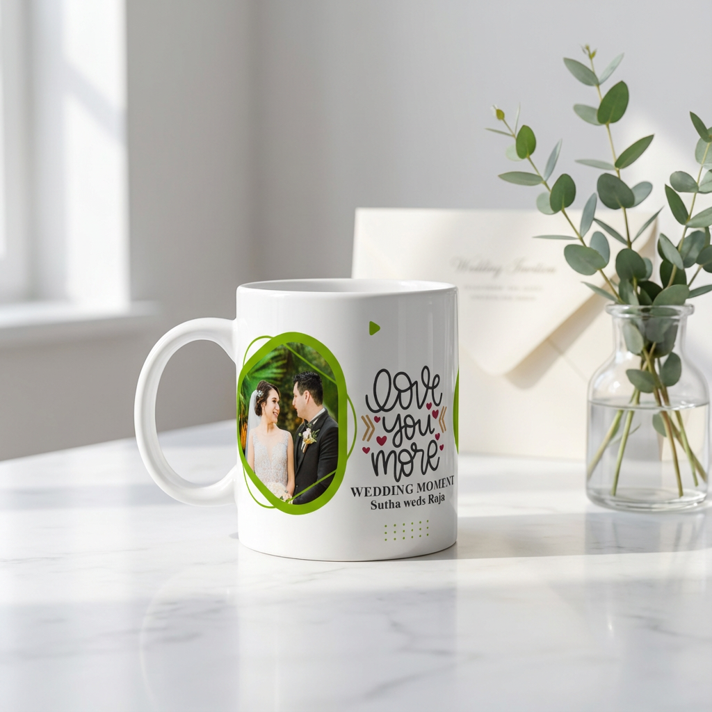 Love You More Green Accent – Custom Photo Print Ceramic Mug (11oz) - Personalized Wedding Gift