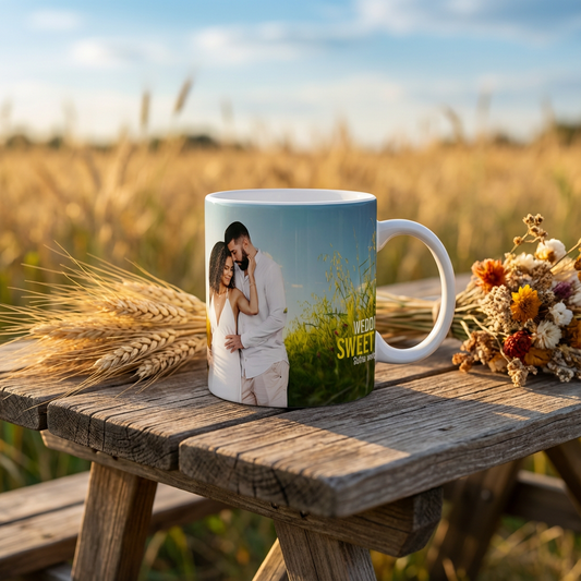 Sweet Couple Meadow – Custom Photo Print Ceramic Mug (11oz) - Personalized Wedding Keepsake