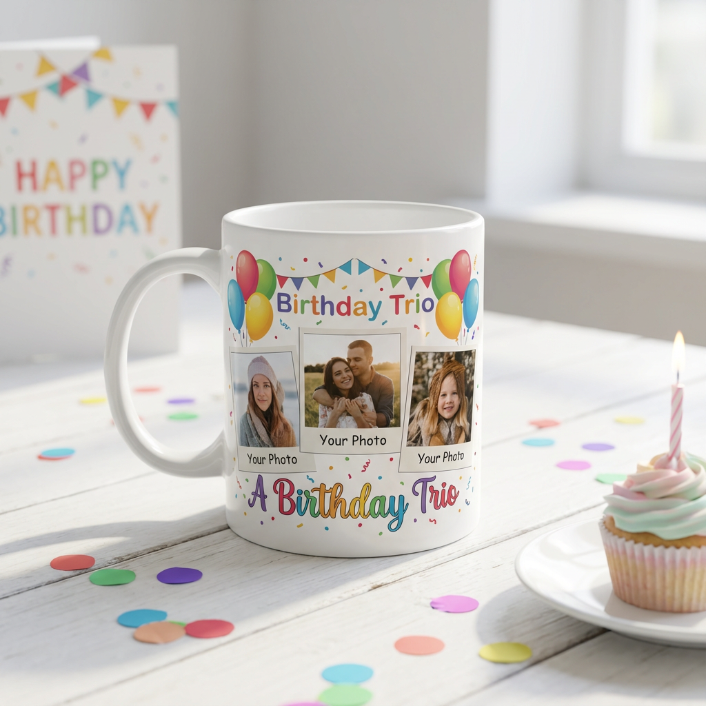Birthday Trio Collage – Custom Photo Print Ceramic Mug (11oz) - Personalized Gift