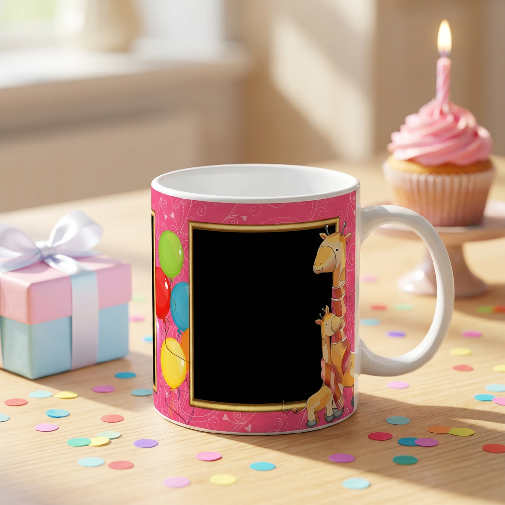 Playful Pink Giraffe Birthday – Custom Photo Print Ceramic Mug (11oz) - Dual Photo Frames