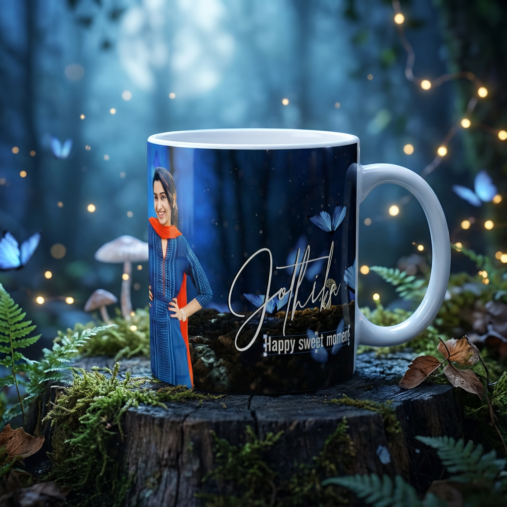 Enchanted Blue Forest – Custom Photo Print Ceramic Mug (11oz) - Personalized Magical Butterfly Gift