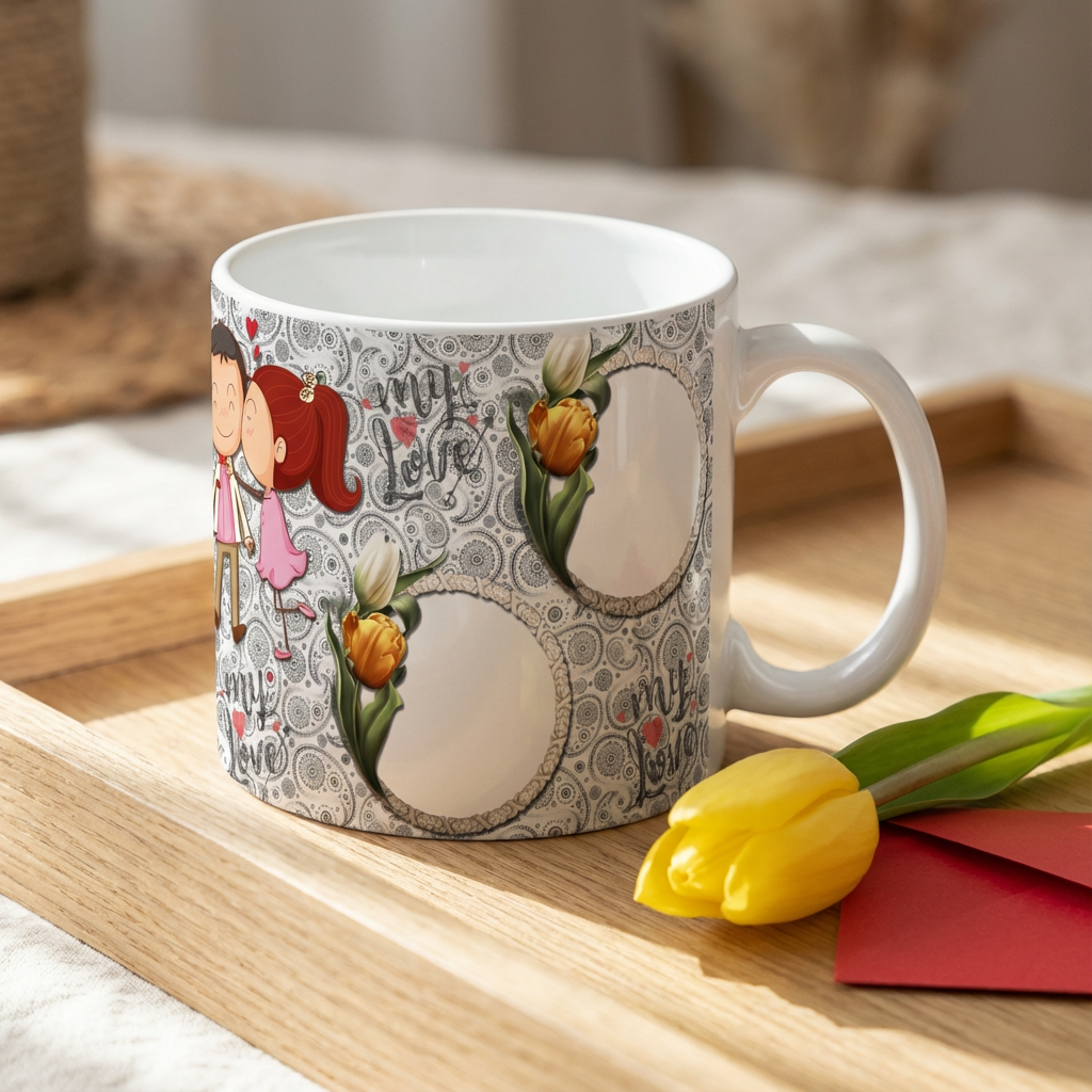 Sweet Kiss & Tulips – Custom Photo Print Ceramic Mug (11oz) - Romantic 3 Photo Collage