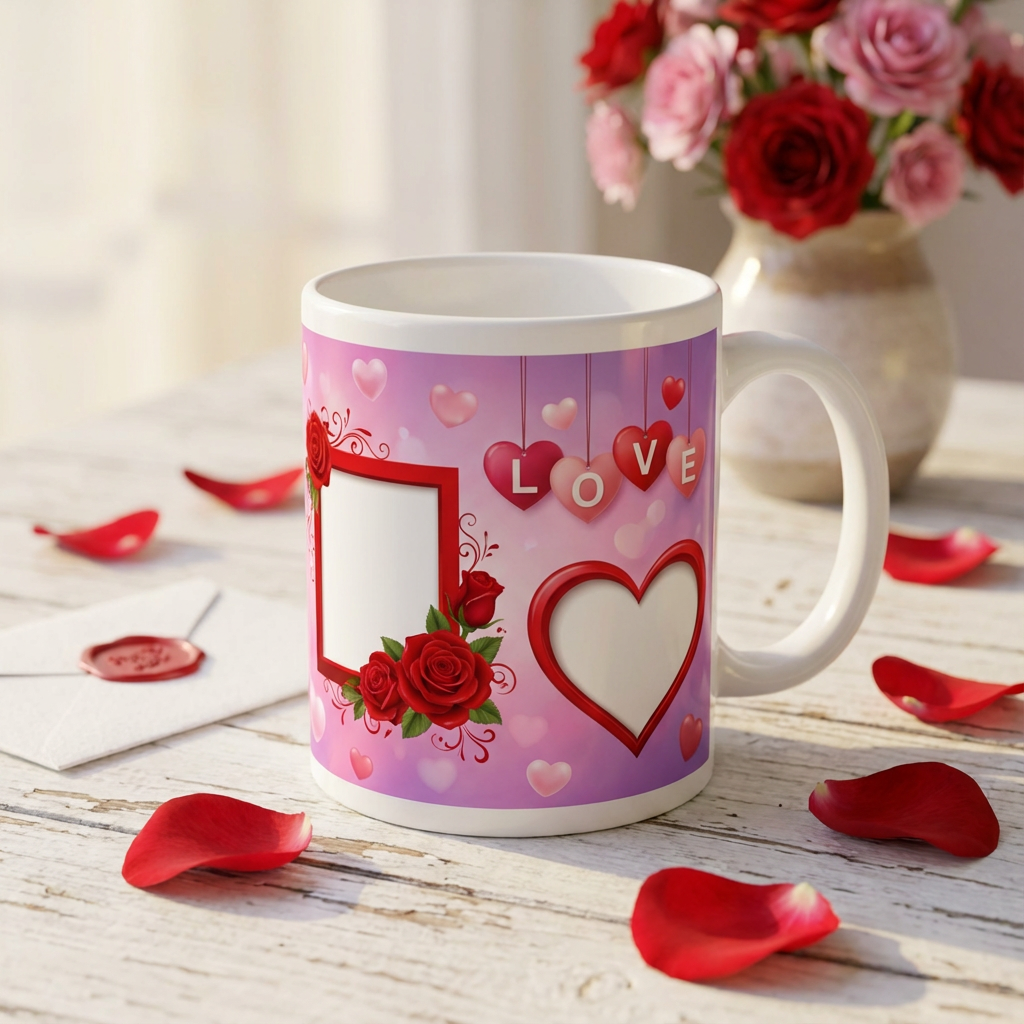Eternal Roses & Hanging Hearts – Custom Photo Print Ceramic Mug (11oz) - Personalized Gift for Couples