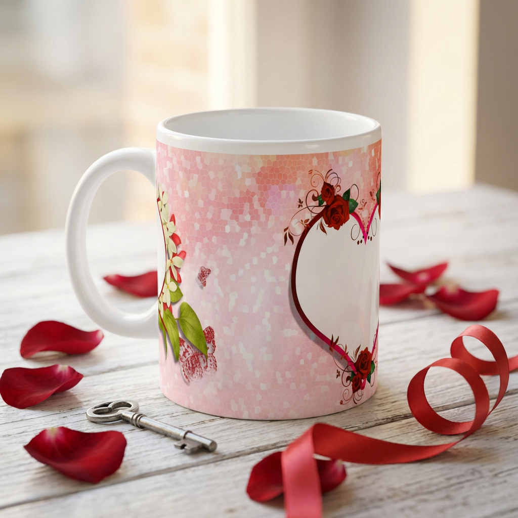 Romantic Rose & Vintage Keys Mosaic – Custom Photo Print Ceramic Mug (11oz) - Dual Picture Frames