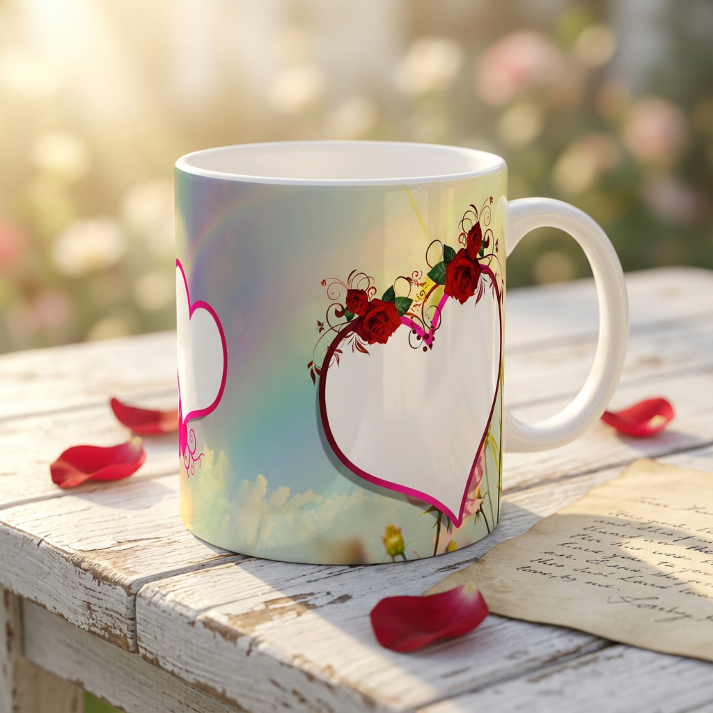 Romantic Roses & Twin Hearts – Custom Photo Print Ceramic Mug (11oz) - Personalized Gift