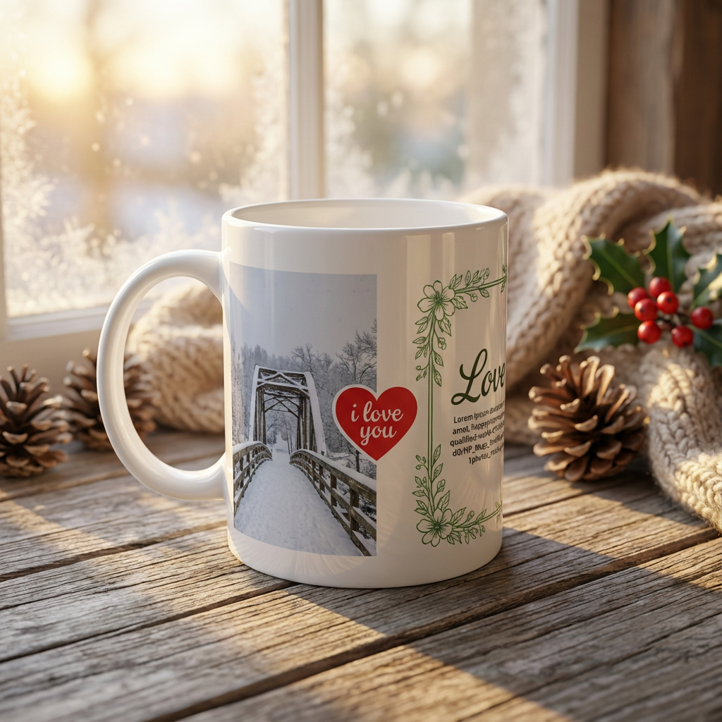 Winter Love Bridge – Custom Photo Print Ceramic Mug (11oz) - Personalized Gift for Couples