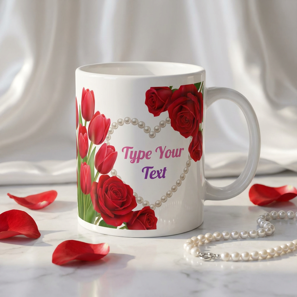 Crimson Roses & Pearls – Custom Photo Print Ceramic Mug (11oz) - Personalized Gift & Dual Frame