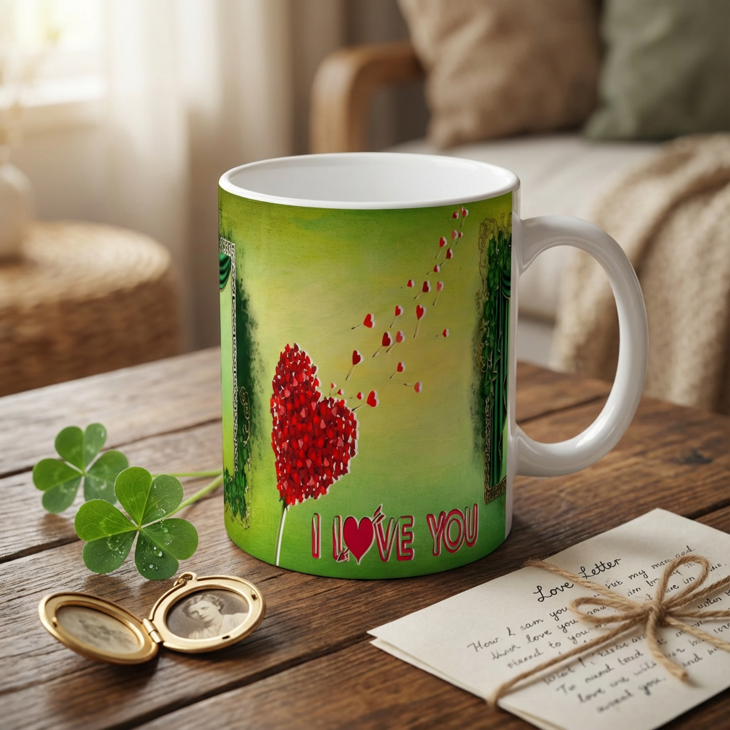 Emerald Celtic Love – Custom Photo Print Ceramic Mug (11oz) - Personalized Gift with Dual Frames