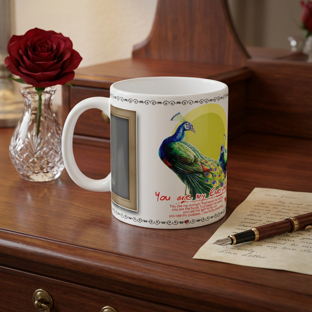 Majestic Peacocks Love – Custom Photo Print Ceramic Mug (11oz) - Personalized Gift with Dual Frames