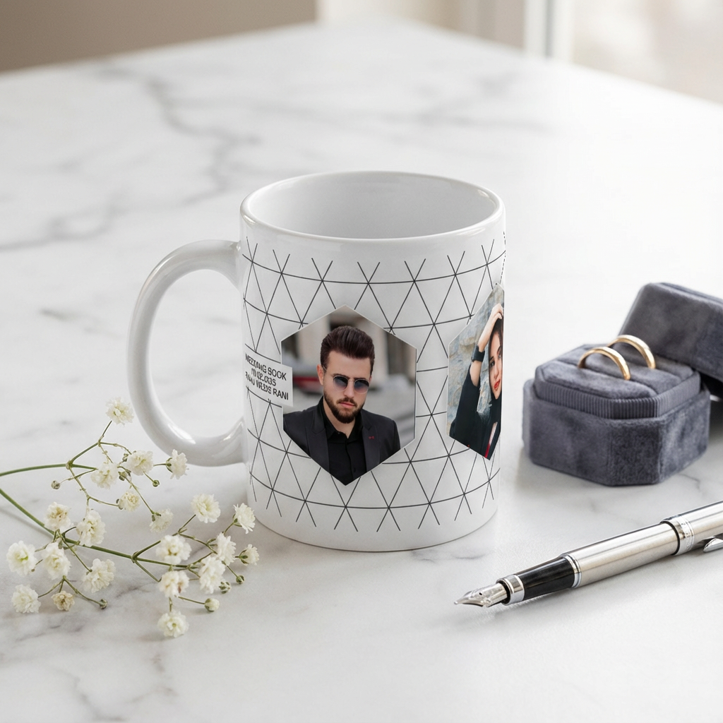 Modern Geometric Wedding – Custom Photo Print Ceramic Mug (11oz) - Dual Hexagon Photo Frames