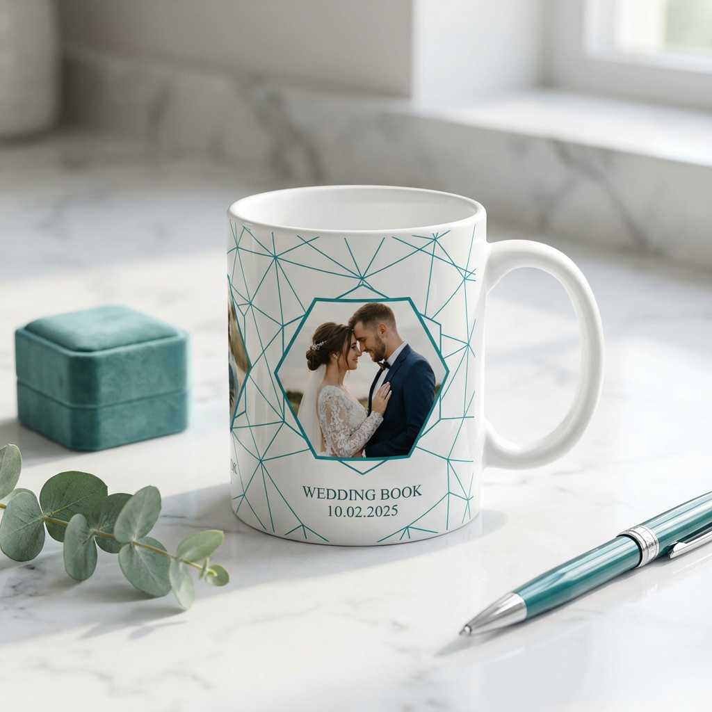 Geometric Hexagon Wedding – Custom Photo Print Ceramic Mug (11oz) - Personalized Gift