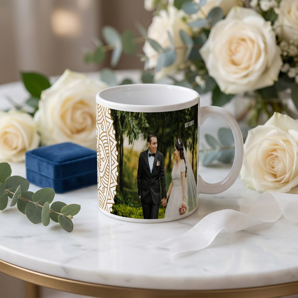 Golden Mandala Best Couple – Custom Photo Print Ceramic Mug (11oz) - Personalized Gift for Newlyweds