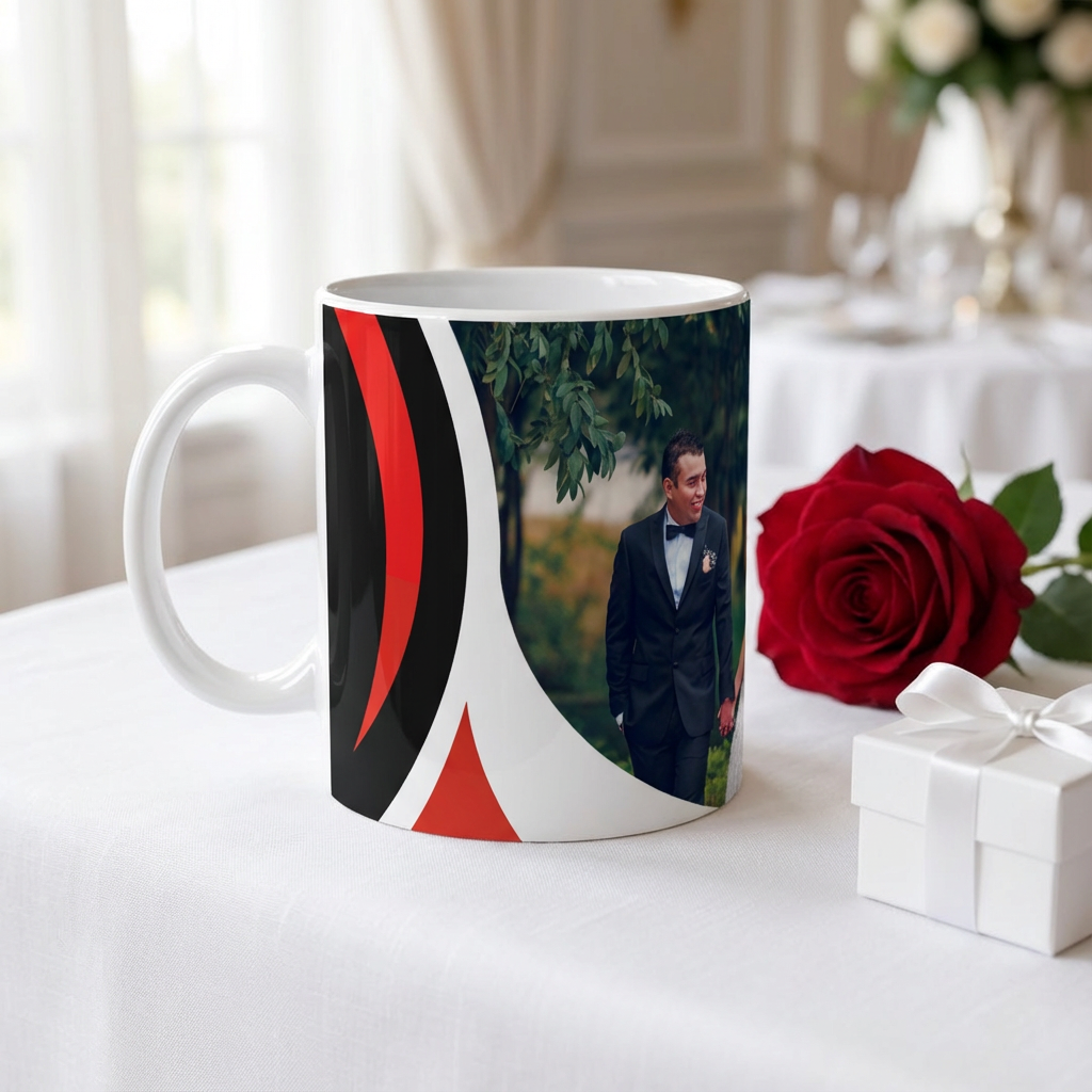 Red Arc Romance – Custom Photo Print Ceramic Mug (11oz) - Personalized Wedding Gift