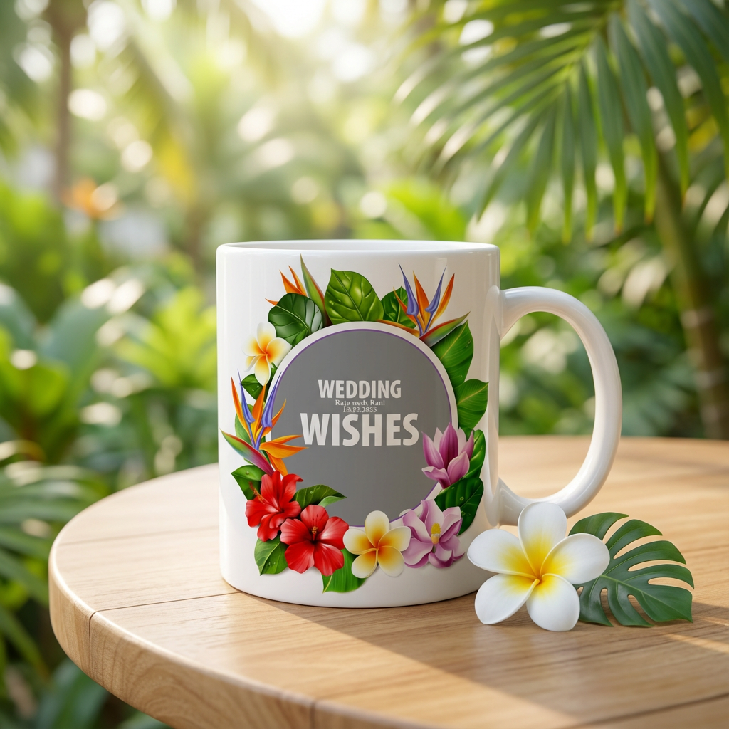 Tropical Floral Wreath – Custom Photo Print Ceramic Mug (11oz) - Personalized Wedding Gift