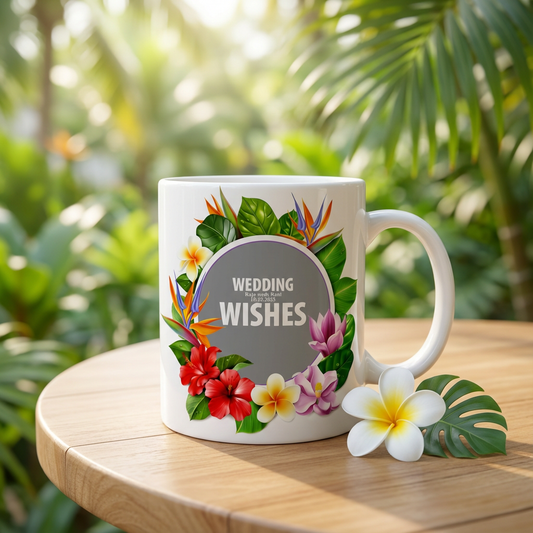 Tropical Floral Wreath – Custom Photo Print Ceramic Mug (11oz) - Personalized Wedding Gift