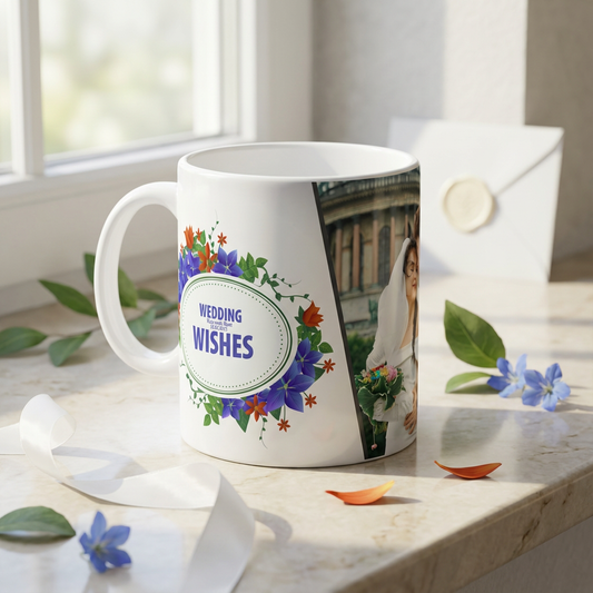 Floral Wedding Wishes – Custom Photo Print Ceramic Mug (11oz) - Personalized Couple Gift